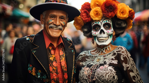 Two men dressed in Mexican clothing with skeleton face in the parade day of the dead