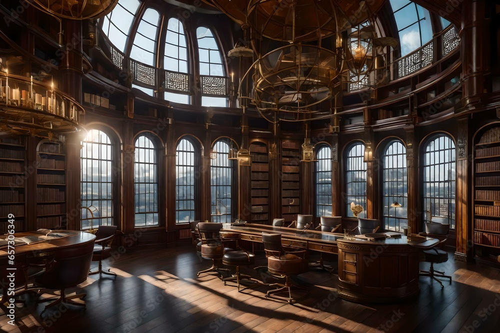 A steampunk-inspired library aboard an airship