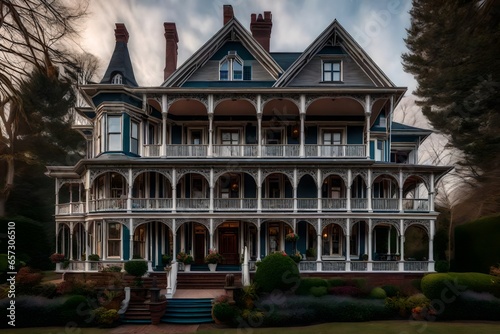 A traditional Victorian house with intricate architecture and a wrap-around porch
