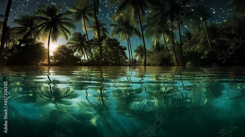 A painting of palm trees and water at night