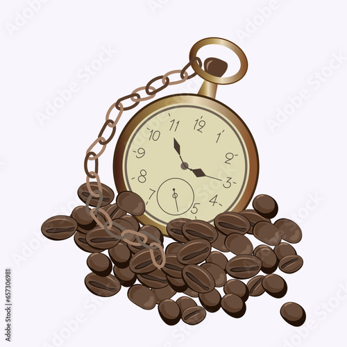 Vector illustration with vintage watches and coffee beans. Brown and beige colors. The concept of "time for coffee". Coffee break. For websites, cafe menus, coffee shops, advertisements, magazines.