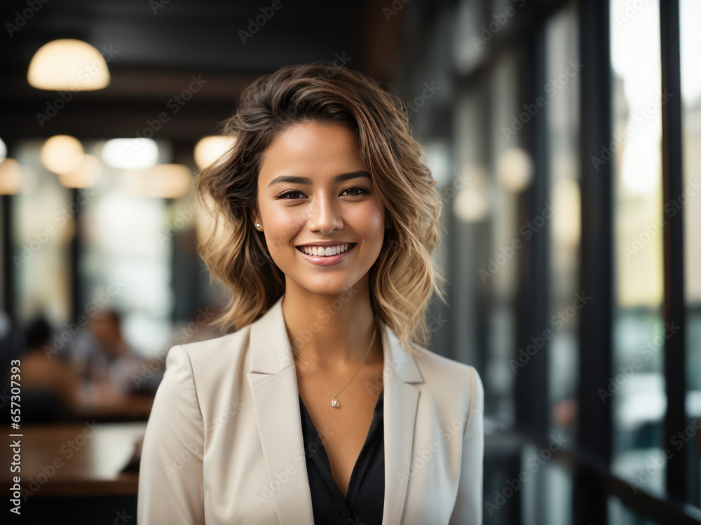 Young girl entrepreneur, happy smiling, running a large international company, business concept, generative ai Young girl entrepreneur, happy smiling, running a large international company, business concept, generative ai