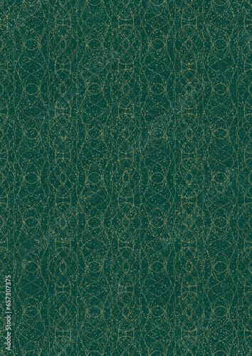 Hand-drawn unique abstract symmetrical seamless gold ornament and splatters of golden glitter on a dark cold green background. Paper texture. Digital artwork, A4. (pattern: p10-1f)