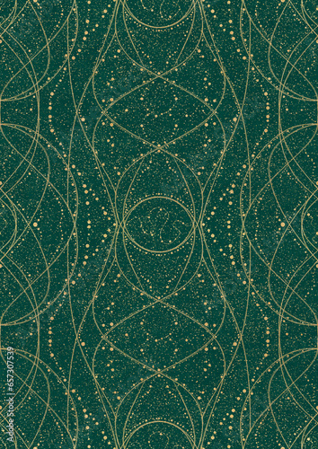 Hand-drawn unique abstract symmetrical seamless gold ornament and splatters of golden glitter on a dark cold green background. Paper texture. Digital artwork, A4. (pattern: p10-2d)