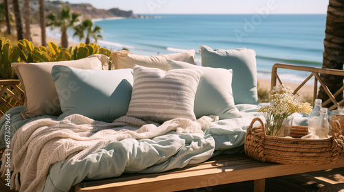 Editorial Style Photo Beach House Bedroom Eye Level Coastal Nautical Canopy Bed Linen, Close-up Soft Blues Coastal Living Soft Malibu, California 2020s Serene Contemporary