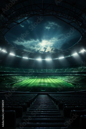 universal grass stadium illuminated by spotlights and empty green grass playground, grand sport building digital 3D background advertisement background illustration