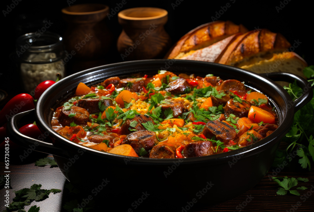 A delicious feast served in a large pot on a table. A large pot filled with lots of food on top of a table