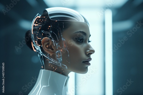 Portrait photo of an android humanoid robotic woman