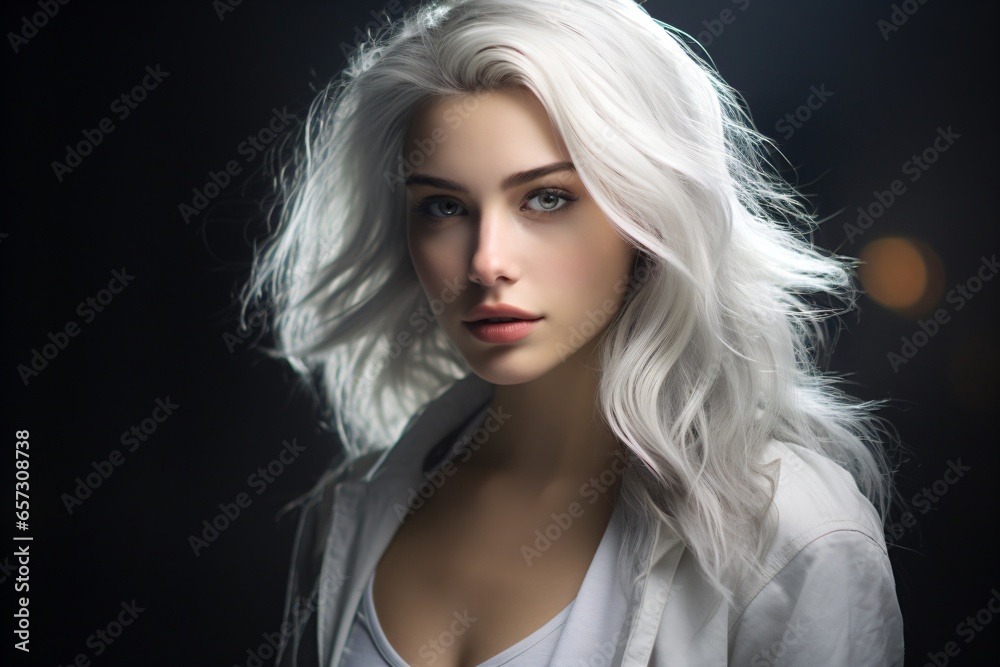 A beautiful futuristic woman with white hair, isolated on a black background