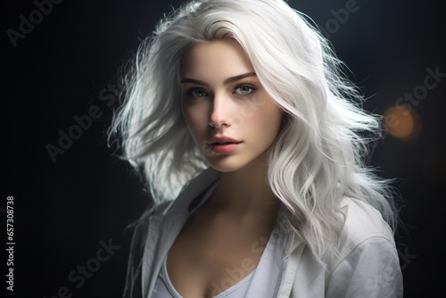 A beautiful futuristic woman with white hair, isolated on a black background