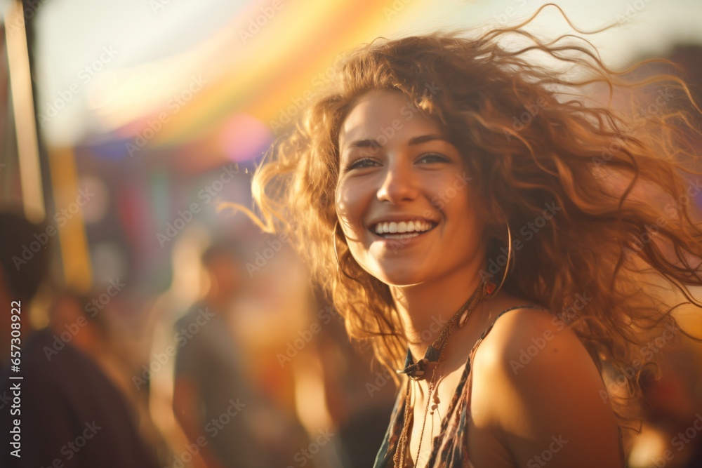 Portrait of a woman smiling and dancing at a festival celebration with shallow depth of field