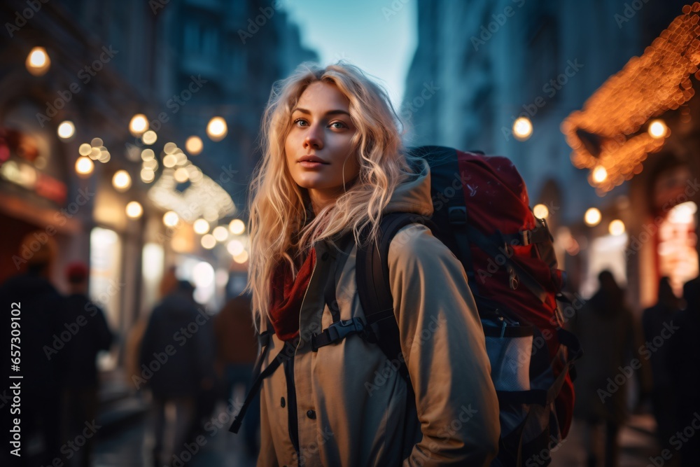 Street photography of a beautiful girl with a backpack and city lights in the backdrop