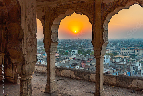 beautiful Indian sunset landscape up in a hill in New Delhi photo