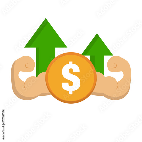 Dollar Value Increase. Dollar coin and muscle. Vector.