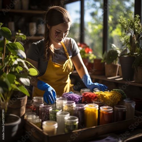 A girl gardener in rubber gloves prepares fertilizers for plants and flowers. Dilution of herbicides and plant care. Concept: Gardener in the garden.