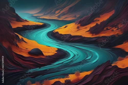 A tumultuous black river flowing through a desolate landscape