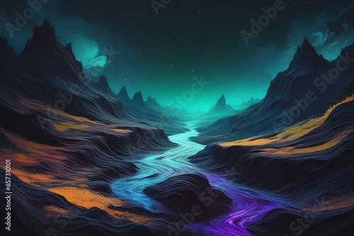 A tumultuous black river flowing through a desolate landscape