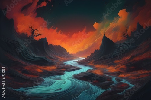 A tumultuous black river flowing through a desolate landscape