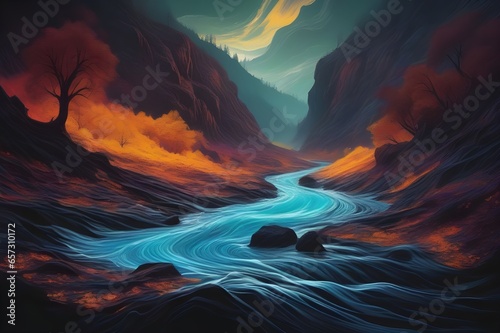 A tumultuous black river flowing through a desolate landscape