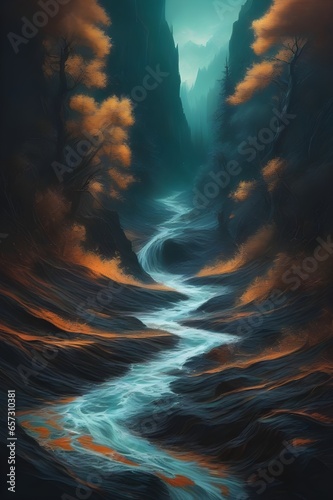 A tumultuous black river flowing through a desolate landscape