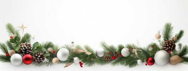 a wide border made of lush fir branches and adorned with various Christmas decorations. border on a clean white background, leaving plenty of space for adding your holiday message.