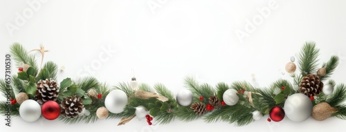 Print op canvas a wide border made of lush fir branches and adorned with various Christmas decorations