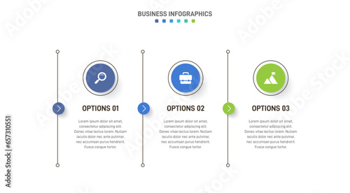 Timeline infographic with infochart. Modern presentation template with 3 spets for business process. Website template on white background for concept modern design. Horizontal layout.