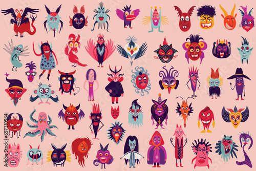 Vibrant Strange ugly Halloween characters. Cute bizarre comic characters in modern flat hand drawn style