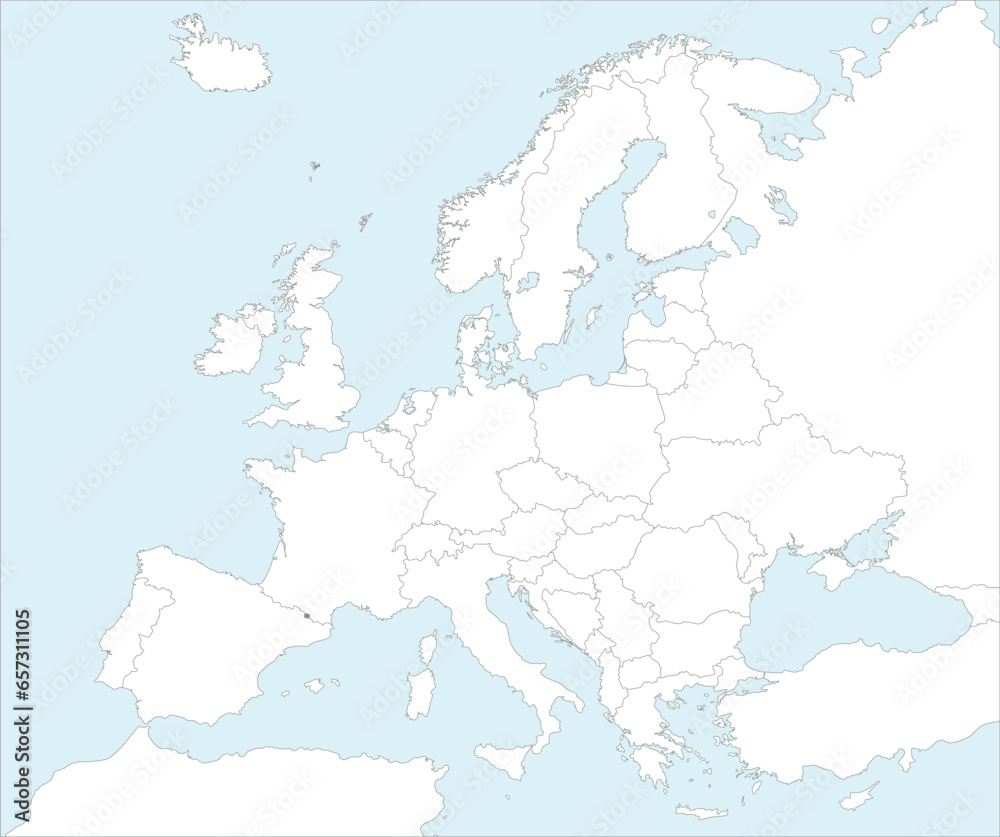Gray CMYK national map of ANDORRA inside detailed white blank political map of European continent on blue background using Mollweide projection