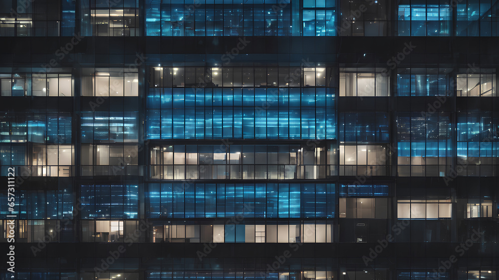 Seamless skyscraper facade with blue tinted windows and blinds at night. Modern abstract office building background texture with glowing lights against dark black exterior walls. Seamless skyscraper facade with blue tinted windows and blinds at night. Modern abstract office building background texture with glowing lights against dark black exterior walls.