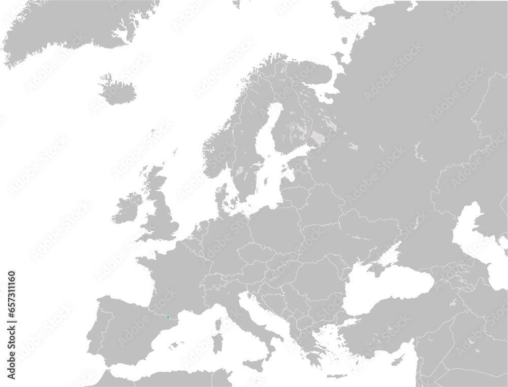 Green CMYK national map of ANDORRA inside detailed gray blank political map of European continent with lakes on transparent background using Mercator projection