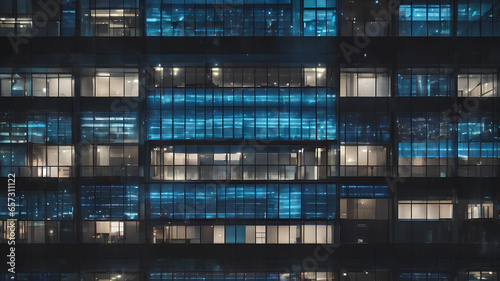 Seamless skyscraper facade with blue tinted windows and blinds at night. Modern abstract office building background texture with glowing lights against dark black exterior walls.