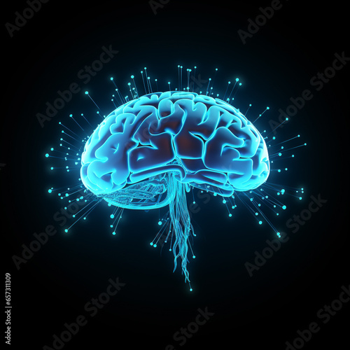 A blue human brain is seen, in the style of octane render, black background