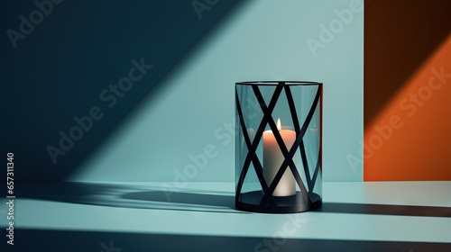  a lit candle sitting in a glass vase on a table.  generative ai