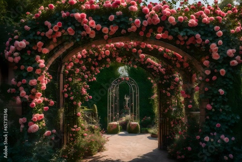 A rose-covered archway into an enchanting entrance to a magical rose garden in full bloom