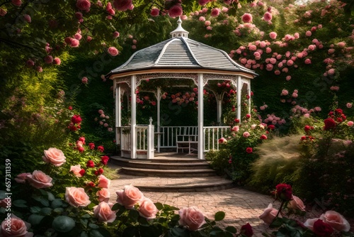 A rose-covered gazebo in a garden, providing a romantic setting amidst the blooms