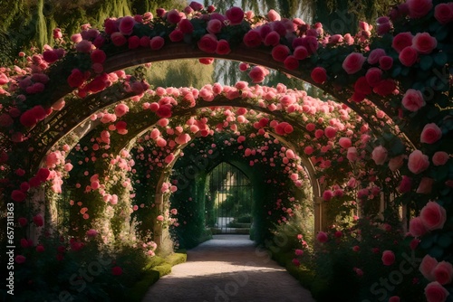 Leinwand Poster A rose-covered archway into an enchanting entrance to a magical rose garden in f
