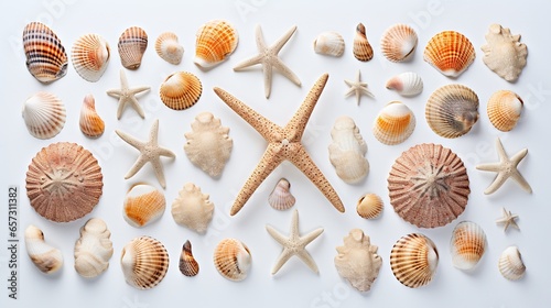  a group of seashells and starfish on a white background. generative ai