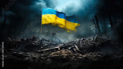 National flag of Ukraine waving in the wind against the background of a destroyed city because of war.