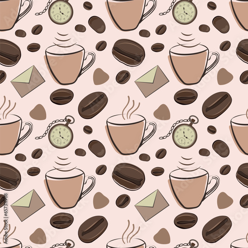 Romantic seamless pattern with elements of a cup, vintage watches, coffee beans, hearts and an envelope. Vector illustration. Beige and pink colors. For textil, wrapping paper, magazines, textil
