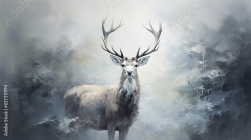  a painting of a deer with antlers standing in a foggy forest. generative ai © Anna