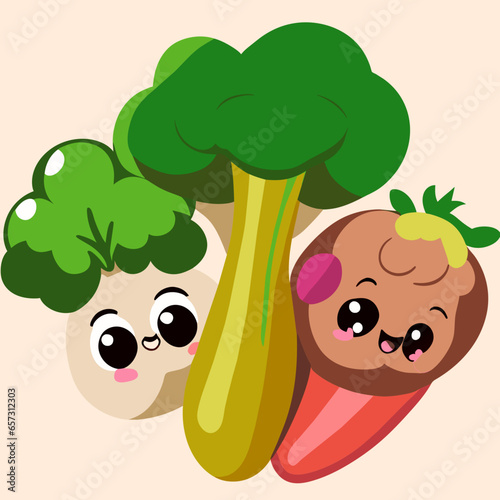 Colorful cartoon fruits and vegetables with happy faces, symbolizing health, fun, and nutrition.