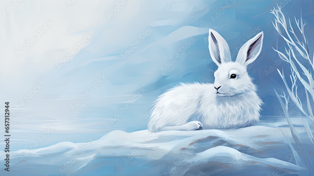 a painting of a white rabbit sitting on a snowy hill. generative ai a painting of a white rabbit sitting on a snowy hill. generative ai