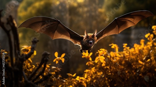  a bat flying over a lush green forest filled with yellow flowers.  generative ai © Anna