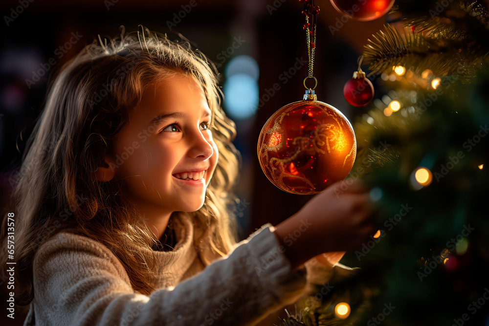 Naklejka premium close-up woman decorating the christmas tree 