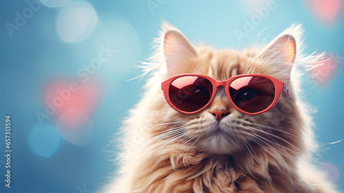 Dreamy-eyed cat dons rose-tinted glasses  whiskers aglow with bokeh lights  lost in a feline fantasy