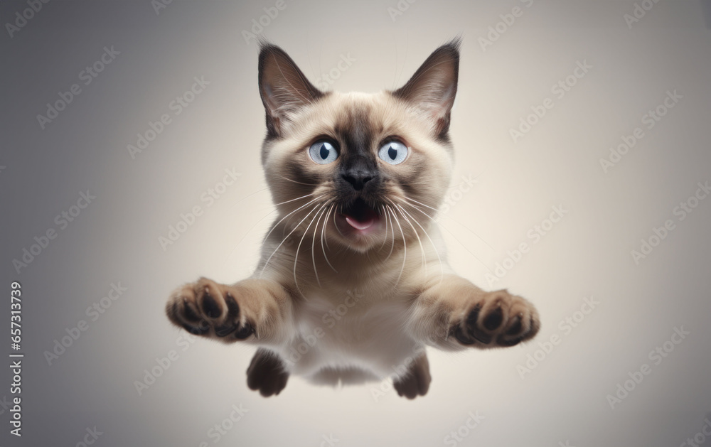 Energetic kitten caught mid-leap, its eyes wide with excitement and paws outstretched for playful adventure.
