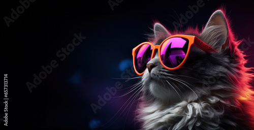 Fashion-forward cat sports orange glasses  basking in a neon glow that highlights its sleek fur and cool demeanor.