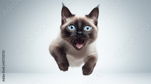 beautiful siamese kitten jumping straight into the camera, cheerful kitten, banner or cover