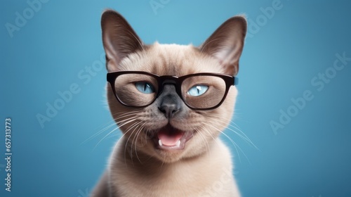 beautiful meowing Siamese cat wearing glasses, on an isolated blue background